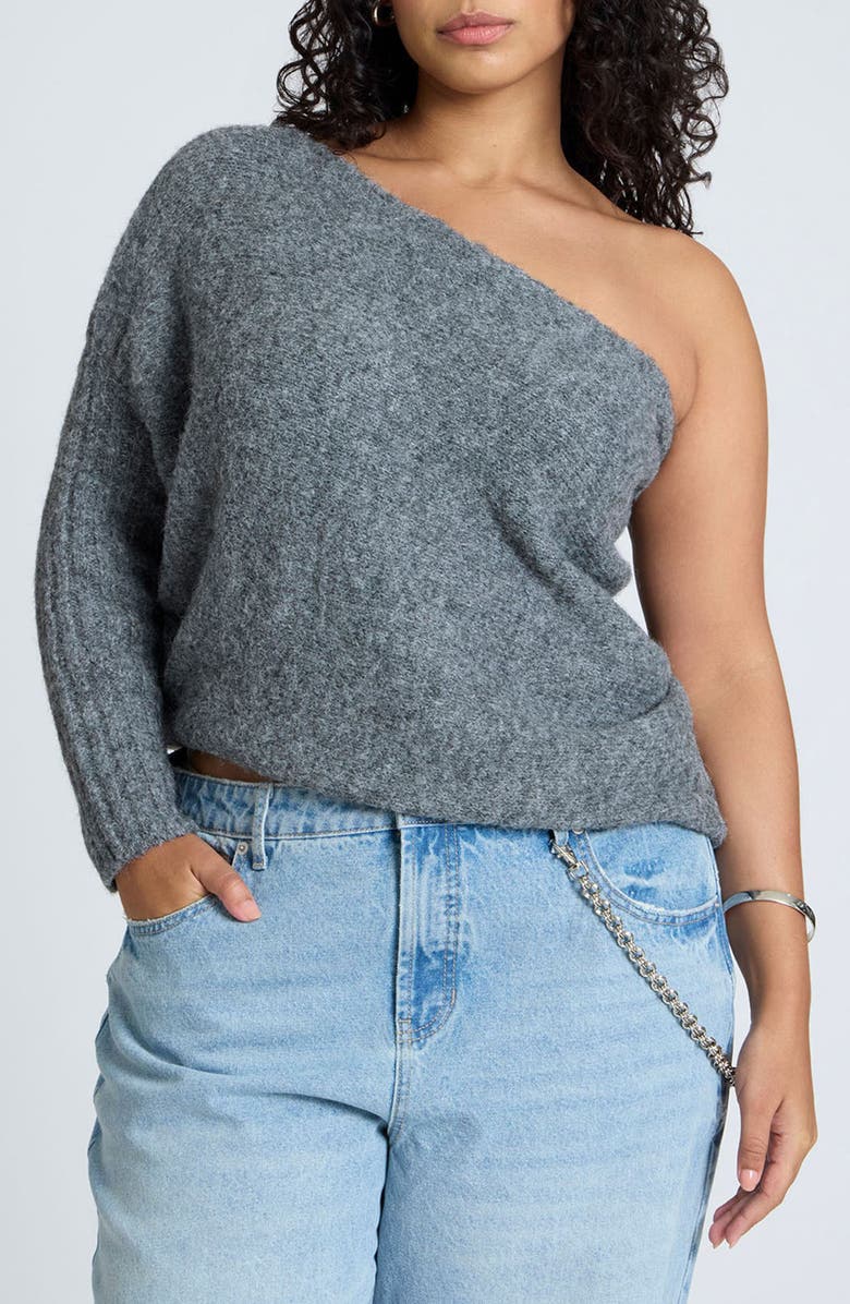 ELOQUII Fuzzy One-Shoulder Sweater, Main, color, 
