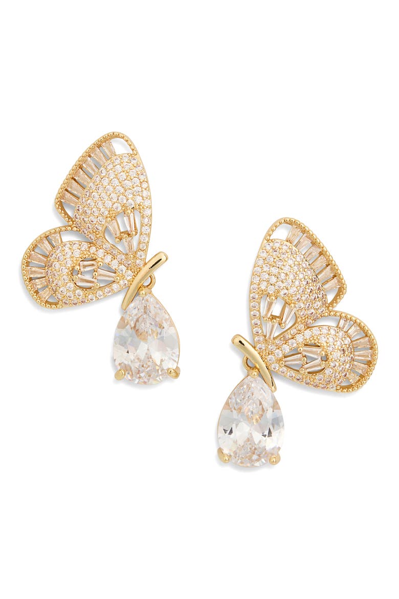Catalina Cubic Zirconia Butterfly Drop Earrings, Main, color, GOLD