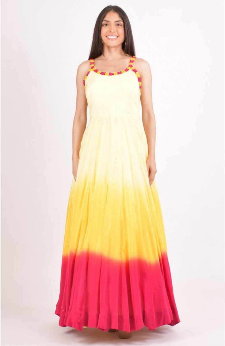 RAAS Hand Tie-Dye Ombre Silk Maxi Sundress, Main, color, Yellow