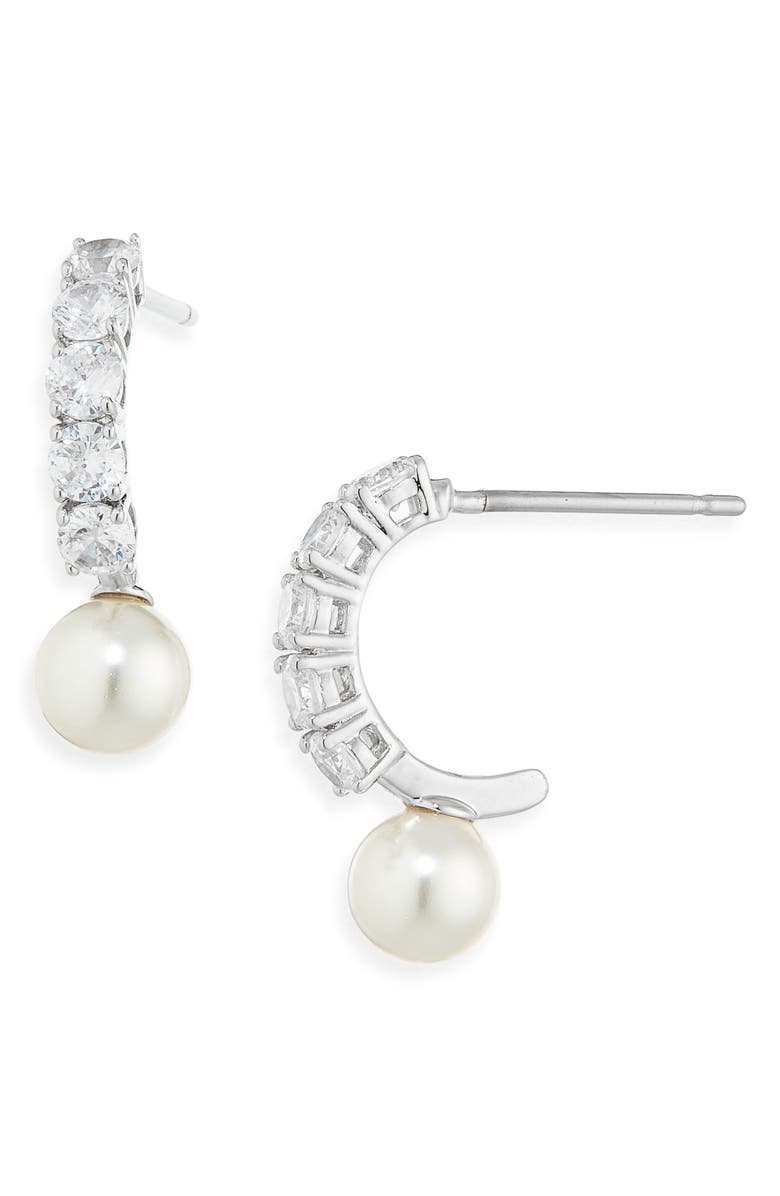 Nadri Shine Faux Pearl J-Hoop Earrings, Alternate, color, Rhodium