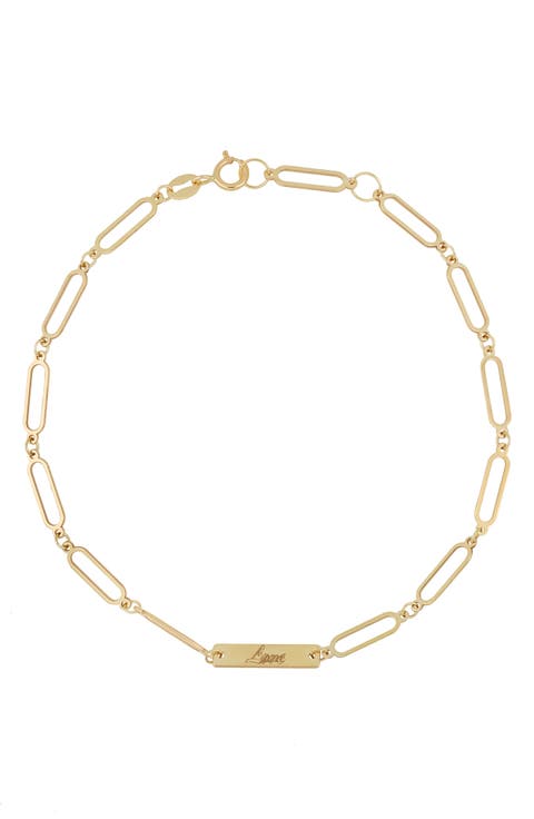 14K Yellow Gold Love Paper Clip Chain Bracelet