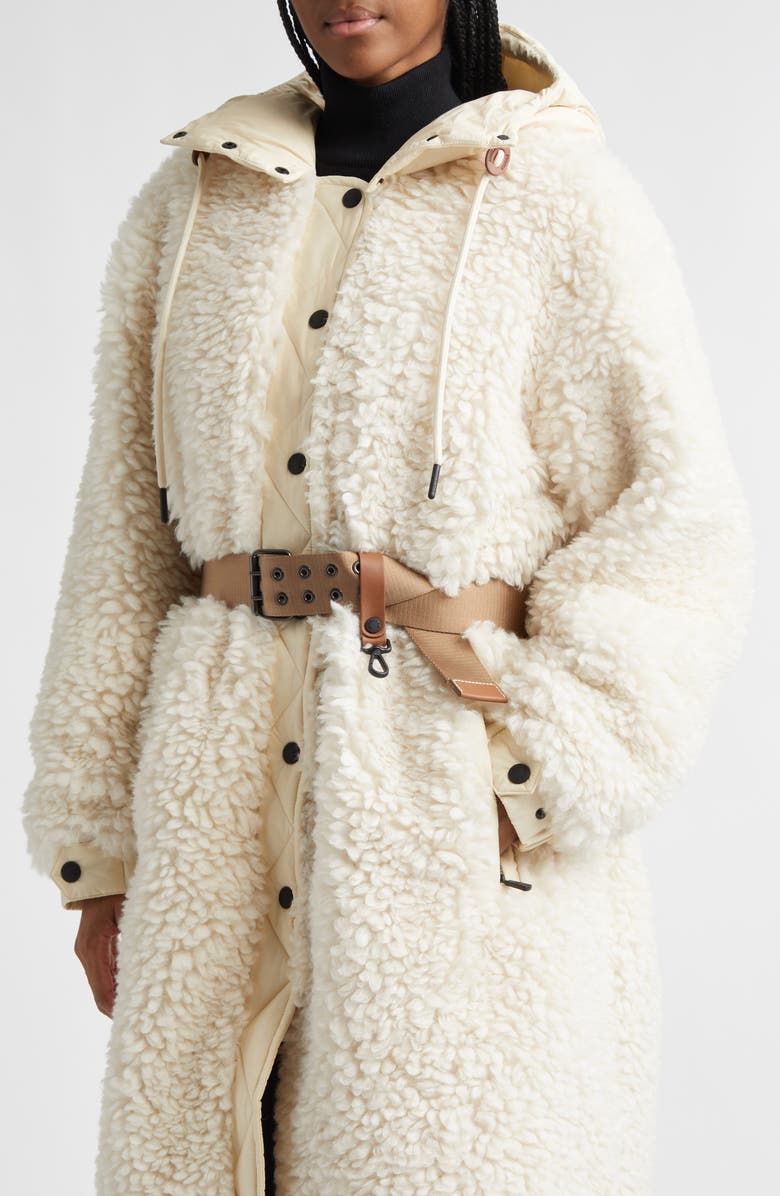 Moncler Grenoble Blavet Teddy Fleece Long Coat, Alternate, color, White