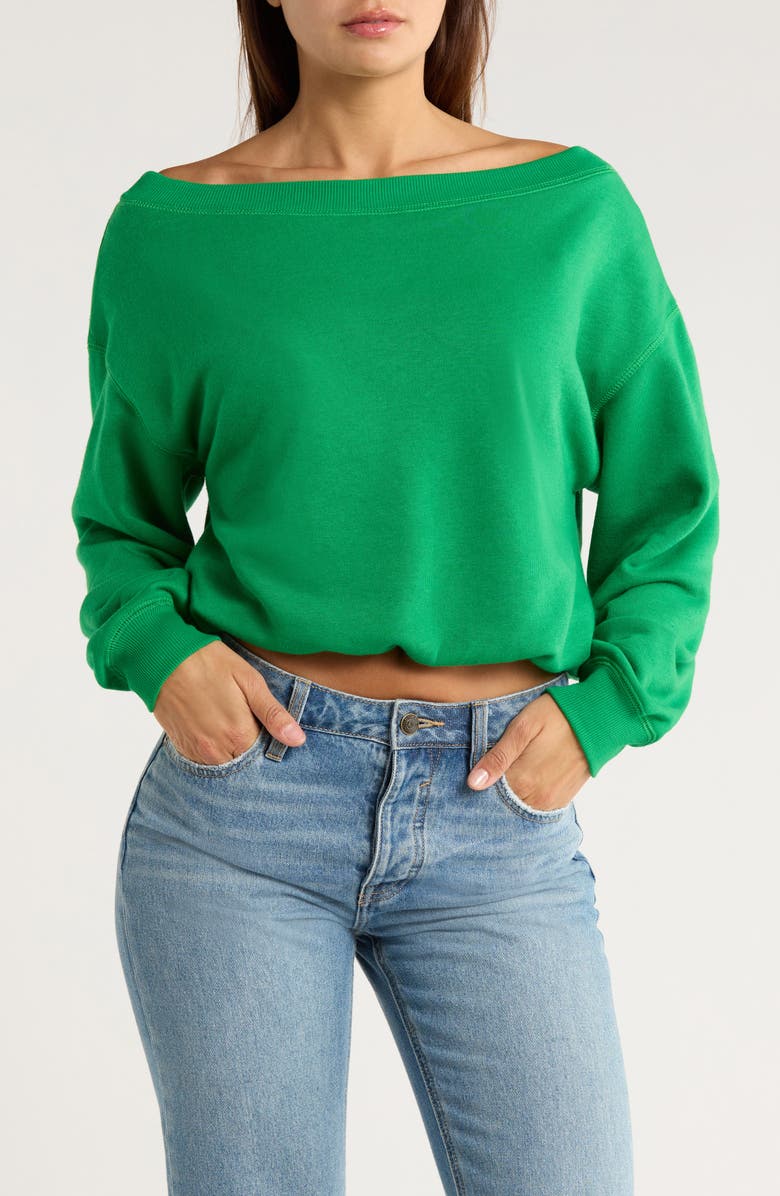 Madden Girl Off the Shoulder Bubble Hem Sweatshirt, Main, color, 