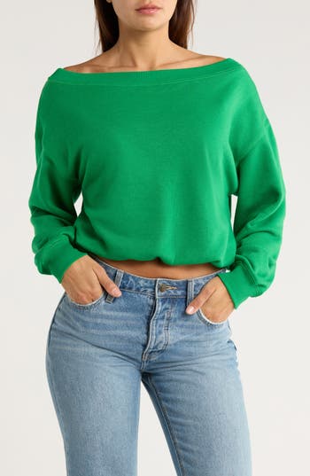 Madden Girl Off The Shoulder Bubble Hem Sweatshirt In Green
