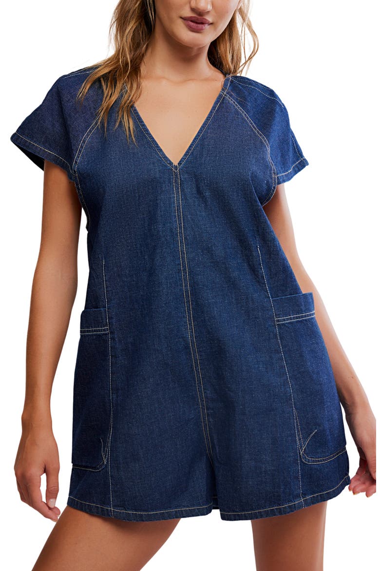 Free Fall Denim Romper, Alternate, color, DEEP BLUE