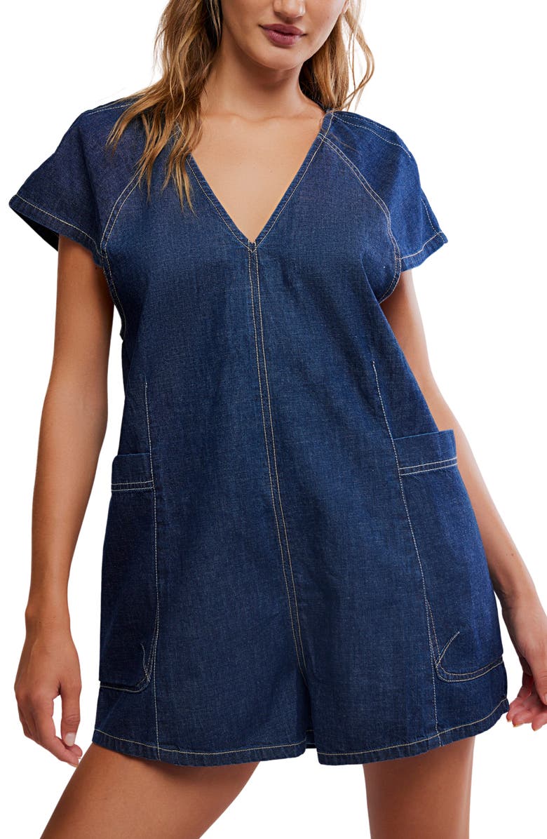 Free People Free Fall Denim Romper, Alternate, color, Deep Blue