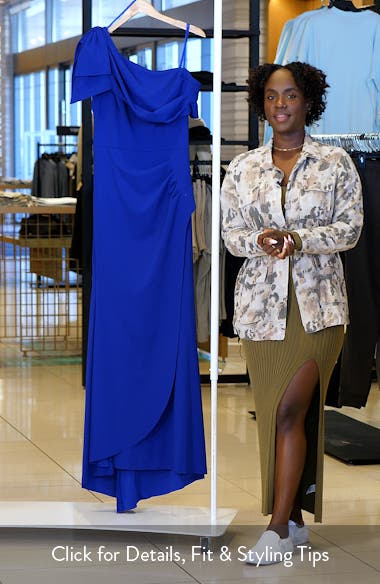 Stretch Crepe One Shoulder Mermaid Gown With Bow Accent In Navy Sateen