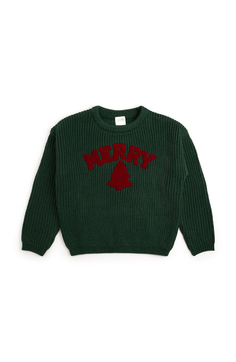 Sweet Wink Merry Patch Christmas Knit Sweater, Main, color, Forest Green