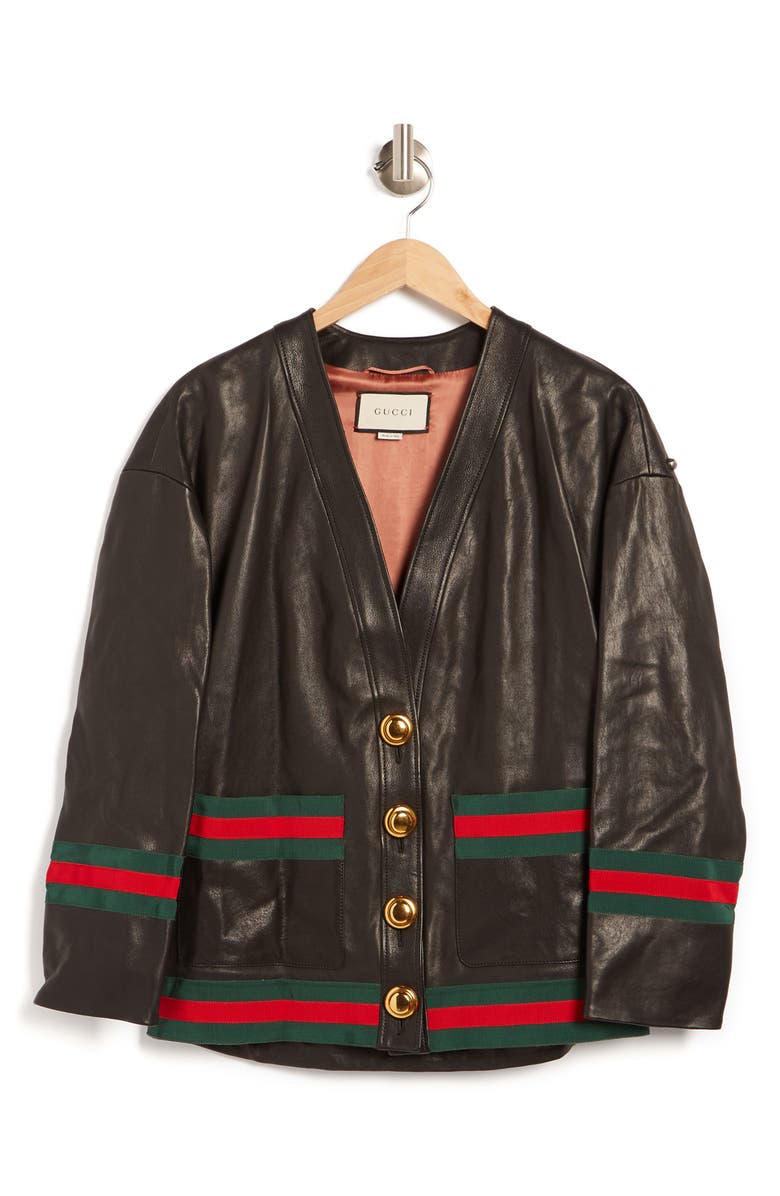 Gucci Leather Cardigan with Stud, Chain & Patch Details, Alternate, color, Black