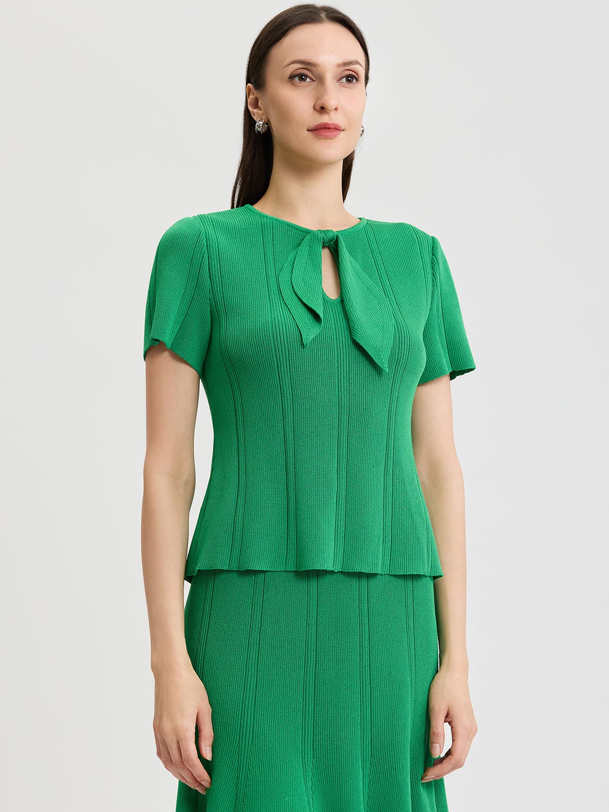 Tonal Faux Tie Neck Soft Ribbed Knit Top - image 2