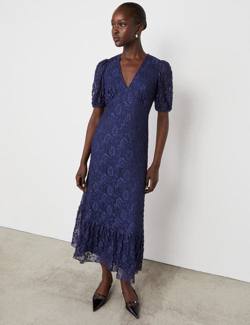 Finery London Loretta 3/4 Sleeve Lace Midi Dress In Blue