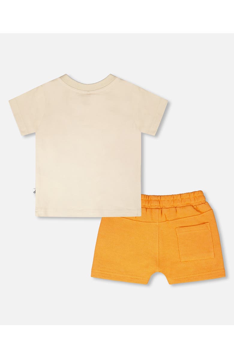 Deux par Deux Organic Cotton Lion and Savanna Short Sleeve T-Shirt and Short Set, Alternate, color, Beige And Orange