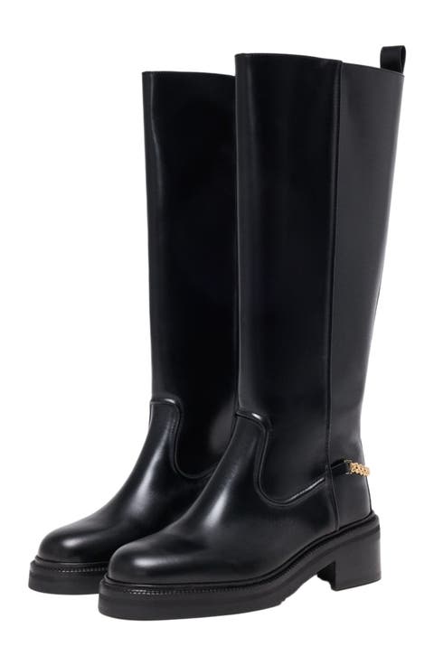 Flat Leather Boots With Chain