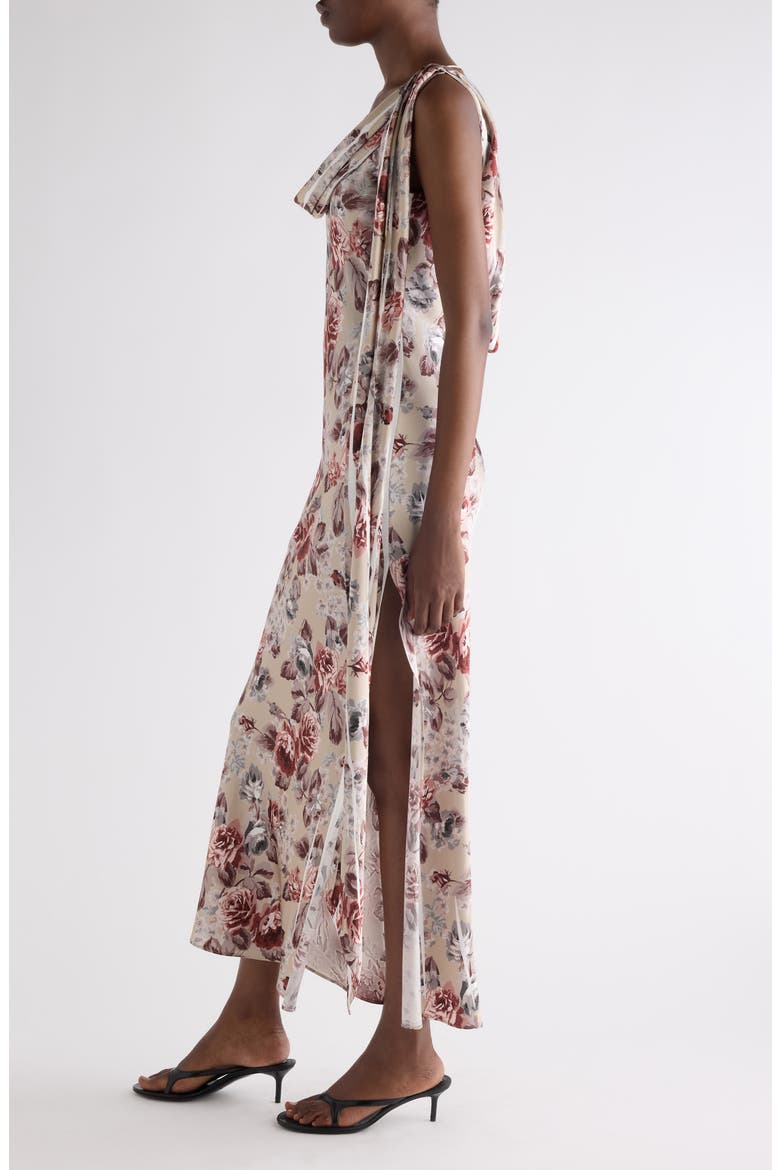 Floral Print Draped Cowl Neck Satin Midi Dress, Alternate, color, MULTI BEIGE