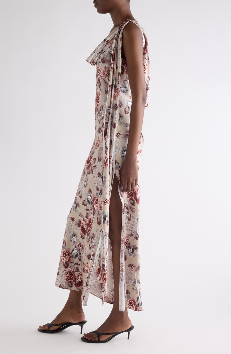 Acne Studios Floral Print Draped Cowl Neck Satin Midi Dress, Alternate, color, Multi Beige