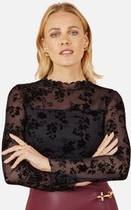 Yumi Flocked Floral Stretch Mesh Top