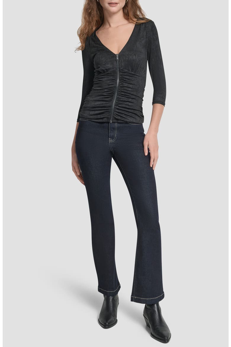 Ruched Knit Zip-Up Top, Alternate, color, BLACK