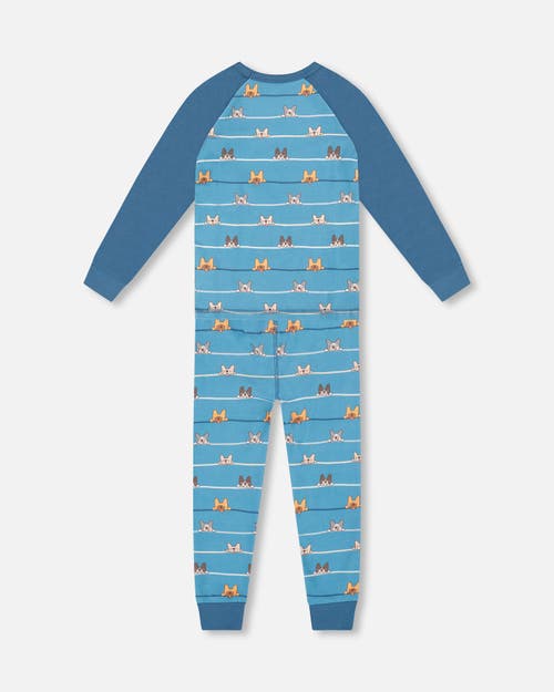 Deux Par Deux Two-piece Organic Cotton Pajama Set Dog In Blue