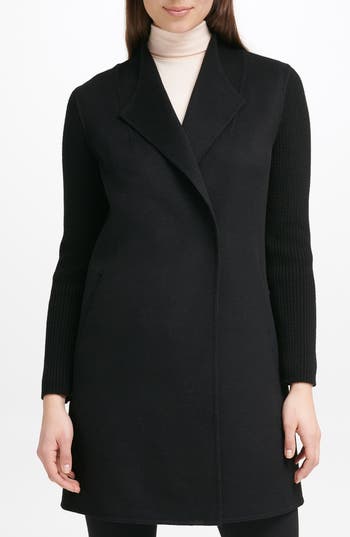 Kenneth Cole Ribbed Sleeve Wool Blend Coat In Black