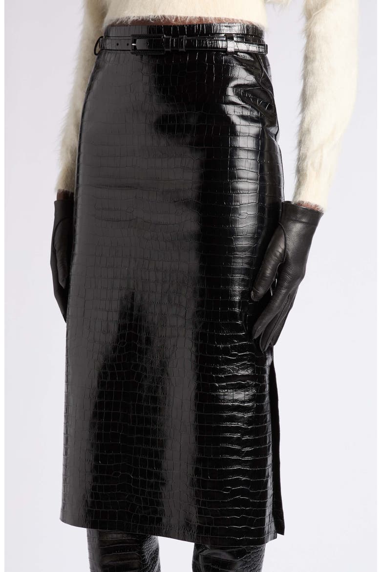 Croc Embossed Leather Pencil Skirt, Alternate, color, BLACK