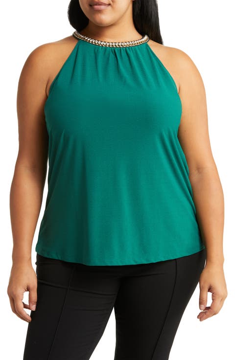 Rhinestone Trim Mock-Neck Blouse (PLUS)