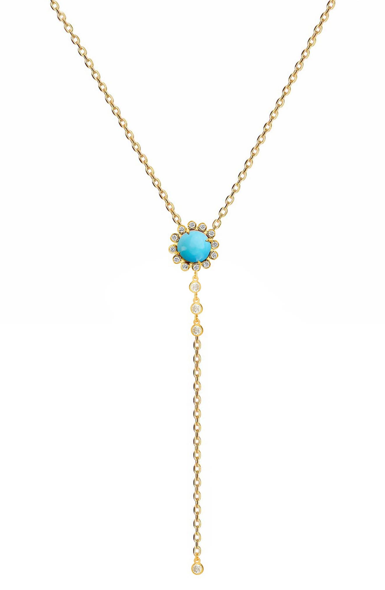 GABI RIELLE 14K Gold Plated Sterling Silver Turquoise Flower & CZ Lariat Necklace