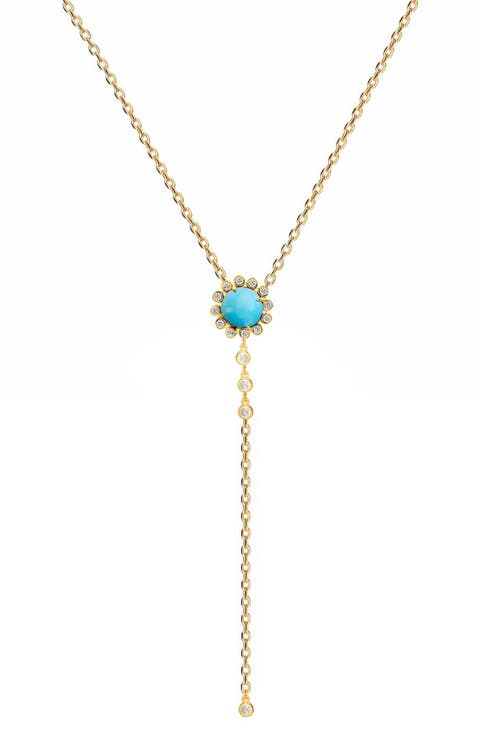14K Gold Plated Sterling Silver Turquoise Flower & CZ Lariat Necklace