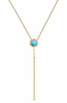 GABI RIELLE 14K Gold Plated Sterling Silver Turquoise Flower & CZ Lariat Necklace