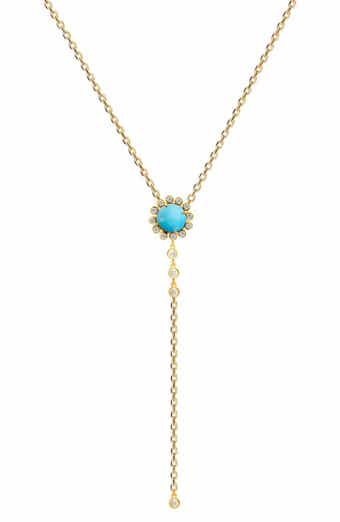 GABI RIELLE 14K Gold Plated Sterling Silver Turquoise Flower & CZ Lariat Necklace
