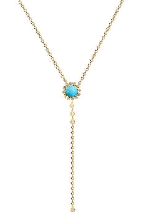 GABI RIELLE 14K Gold Plated Sterling Silver Turquoise Flower & CZ Lariat Necklace