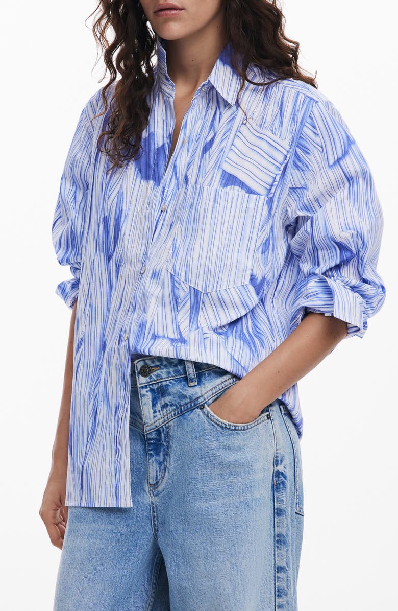 Desigual Marble Print Long Sleeve Woven Shirt, Main, color, 