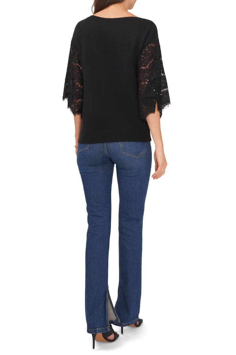 Sequin Lace Sleeve Mixed Media Sweater, Alternate, color, RICH BLACK