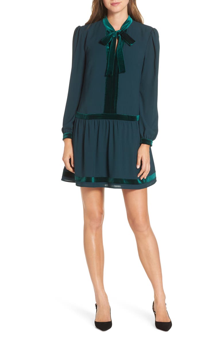 Velvet Trim Tie Neck Dress, Main, color, GREEN PONDEROSA