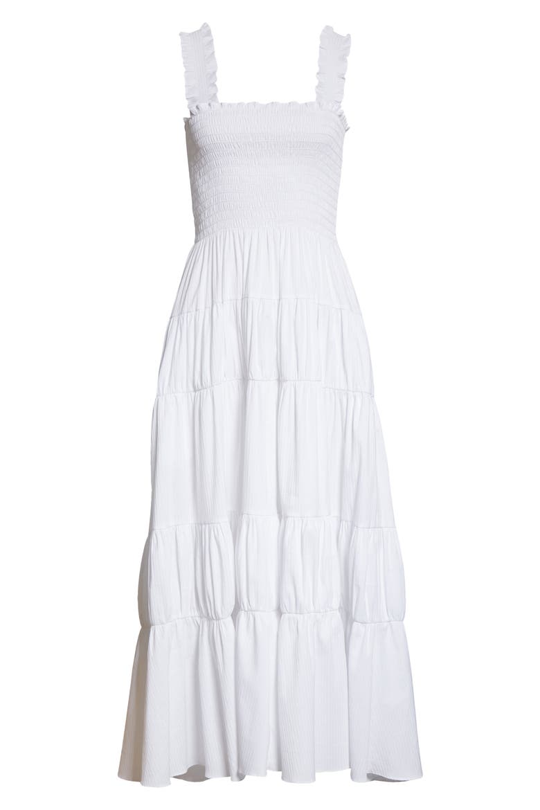 Smocked Cotton Blend Midi Dress, Alternate, color, WHITE