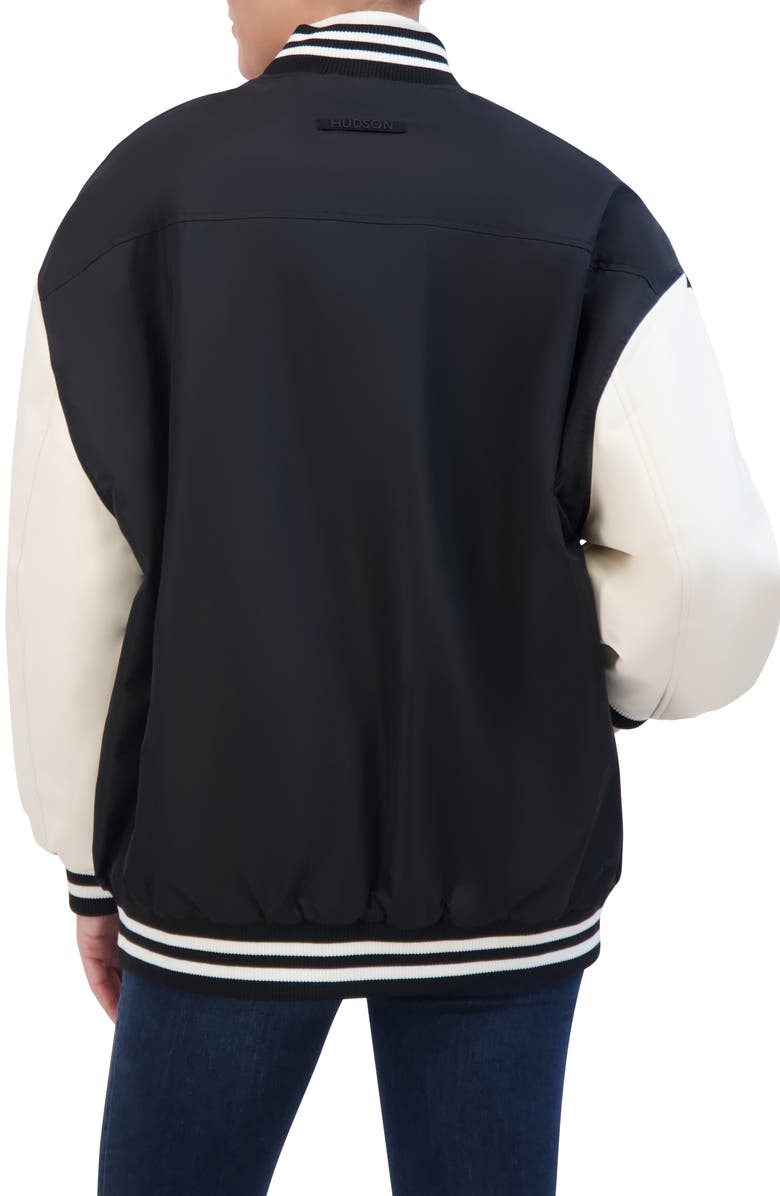 Hudson Jeans Oversize Faux Leather Sleeve Varsity Jacket, Alternate, color, Black