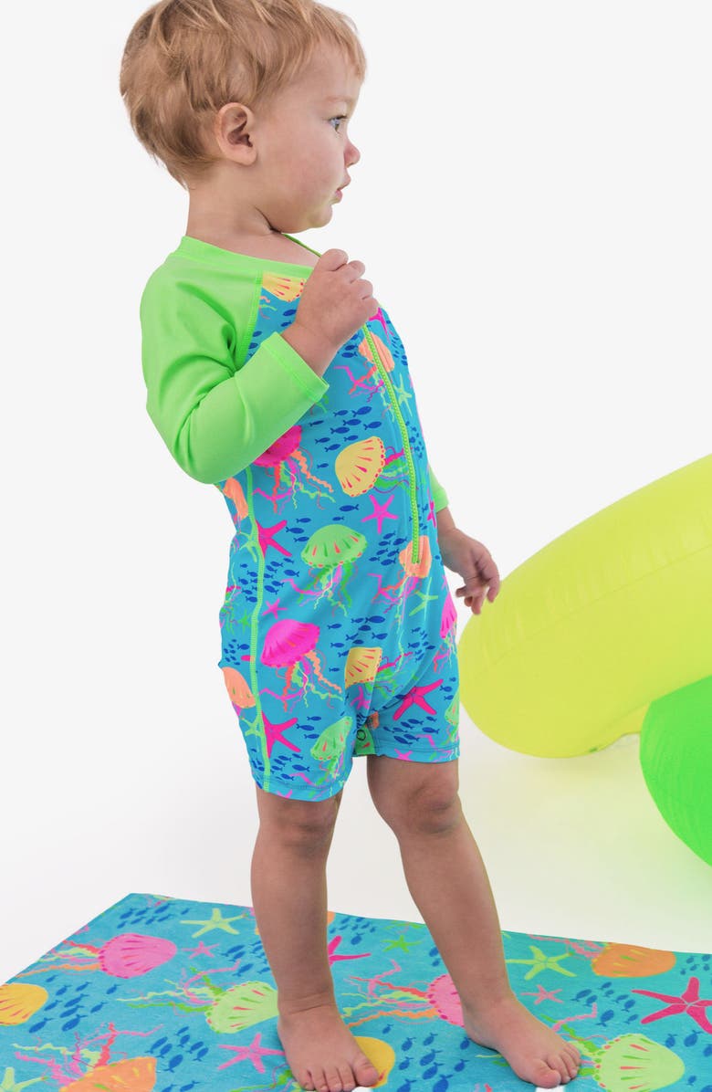 RuggedButts Kids' Neon Jelly Time Long Sleeve UPF 50+ One-Piece Swimsuit, Alternate, color, Blue