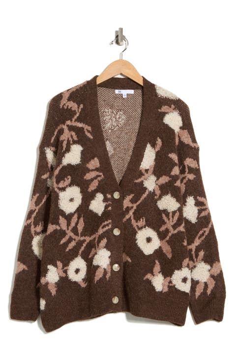 Floral Jacquard Button Front Cardigan (Plus)