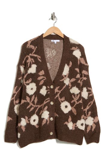Dr2 By Daniel Rainn Floral Jacquard Button Front Cardigan In Brown