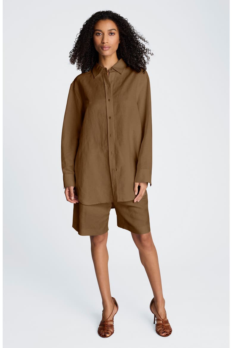 Long Linen Blend Button-Up Shirt, Alternate, color, MESQUITE