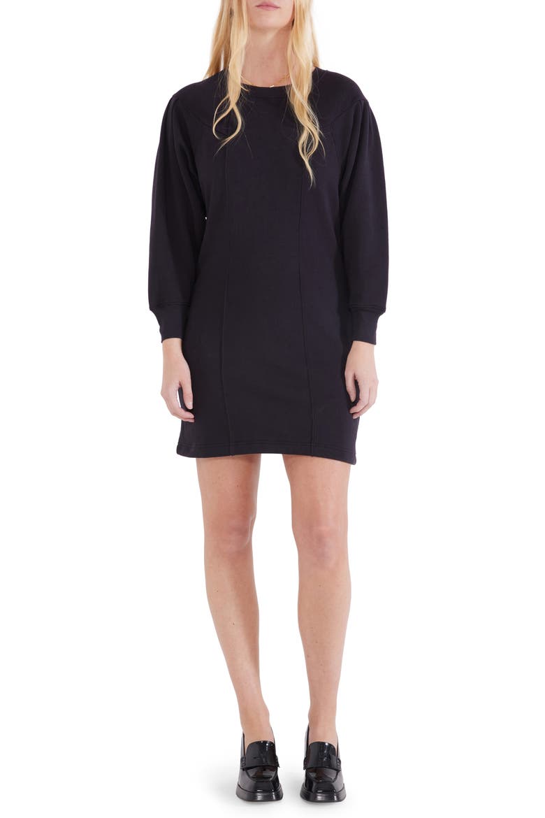 Camila Pleat Shoulder Long Sleeve Cotton French Terry Minidress, Main, color, BLACK BEAUTY