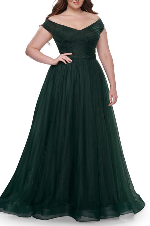 A-Line Tulle Off the Shoulder Plus Size Dress with Slit