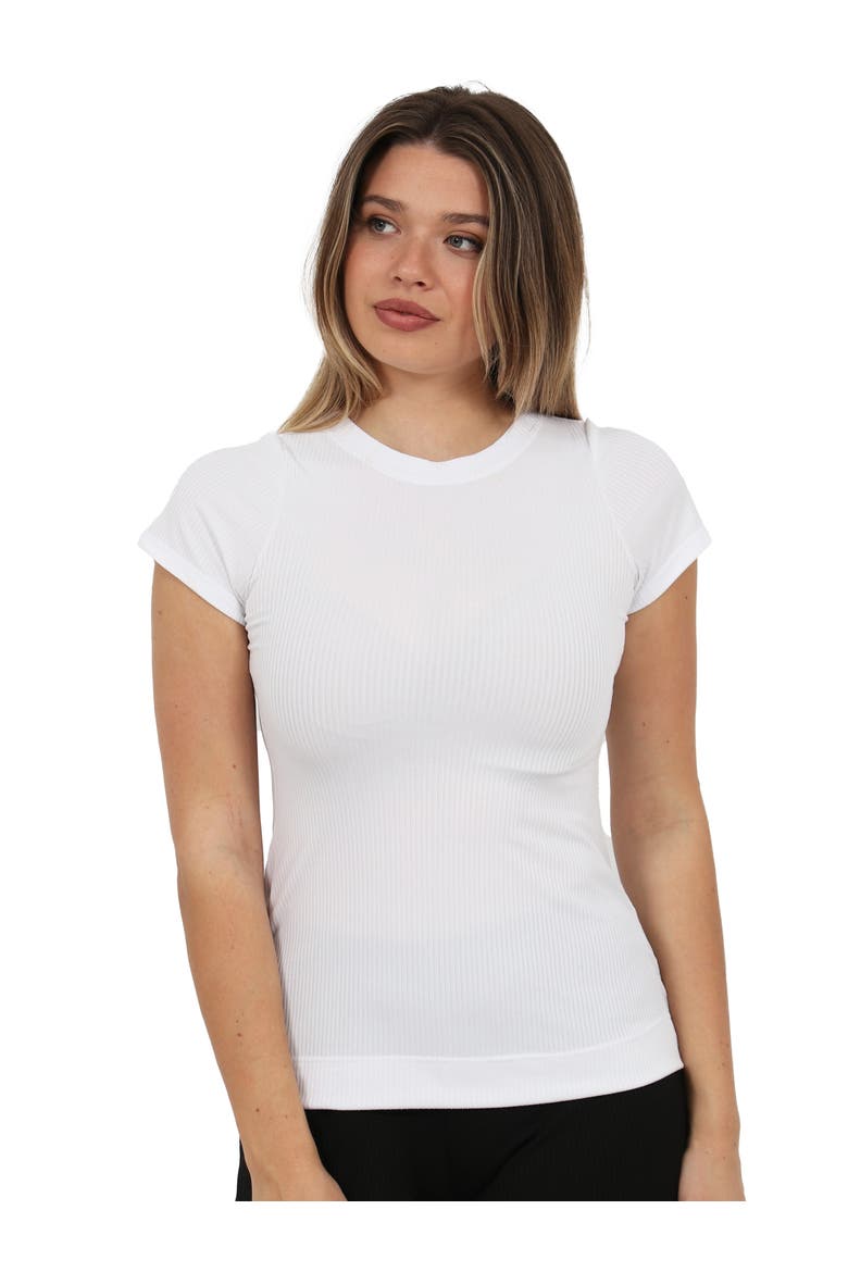 Basic Ribbed Knit Round Neck Short Sleeve Top, Main, color, White