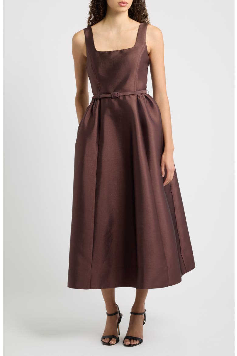 Belted Fit & Flare Gown, Main, color, BROWN