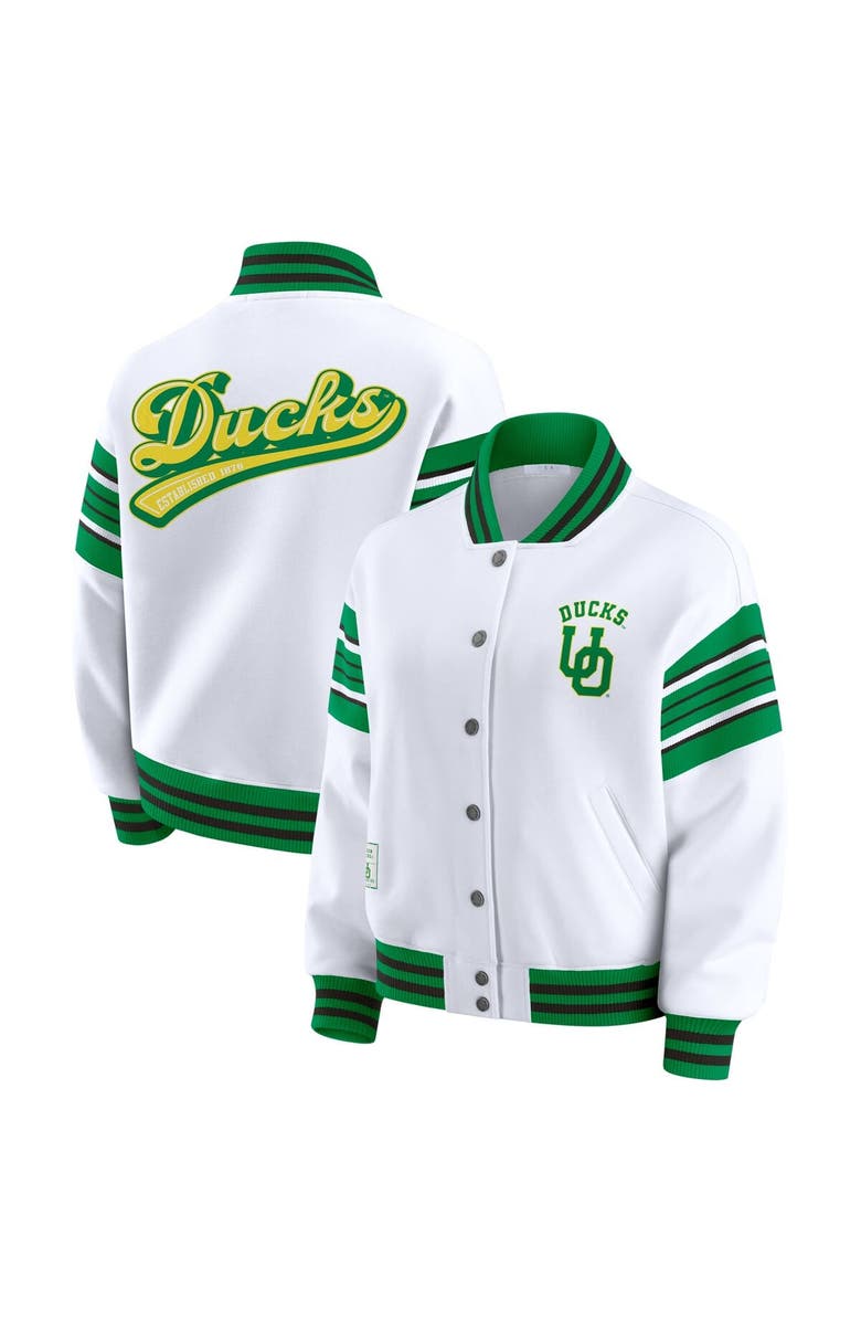 WEAR by Erin Andrews Women's WEAR by Erin Andrews White/Green Oregon Ducks Satin Stitch Full-Snap Fleece Sweatshirt Jacket, Main, color, White