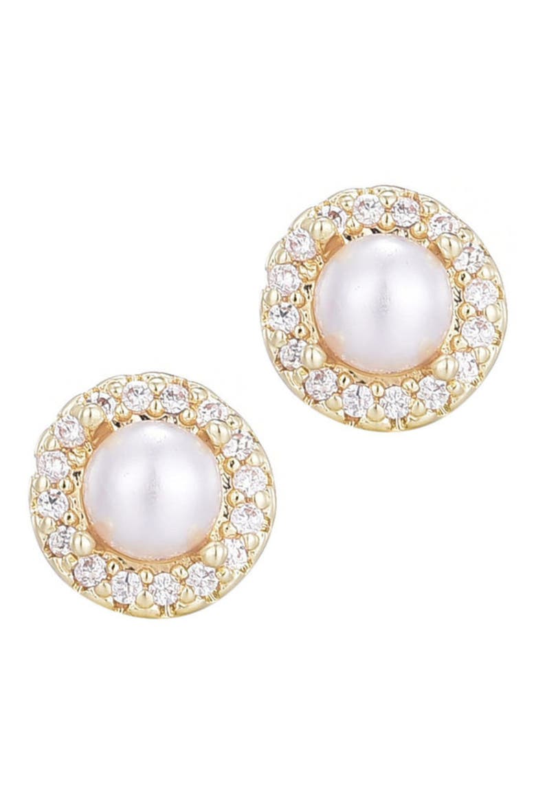 Freshwater Pearl & Cubic Zirconia Halo Stud Earrings, Main, color, GOLD-WHITE