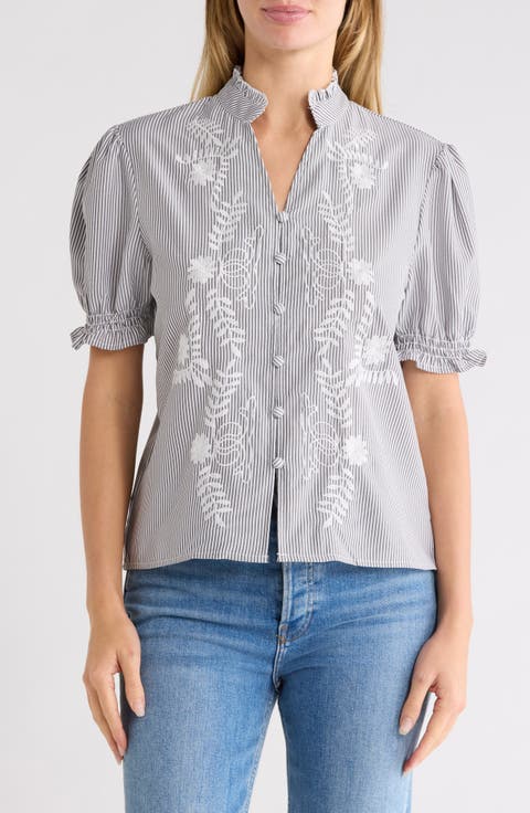 Embroidered Striped Short Sleeve Shirt