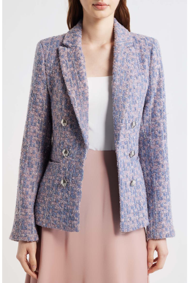 Metallic Faux Double Breasted Tweed Jacket, Alternate, color, BLUE ROSE SILVER