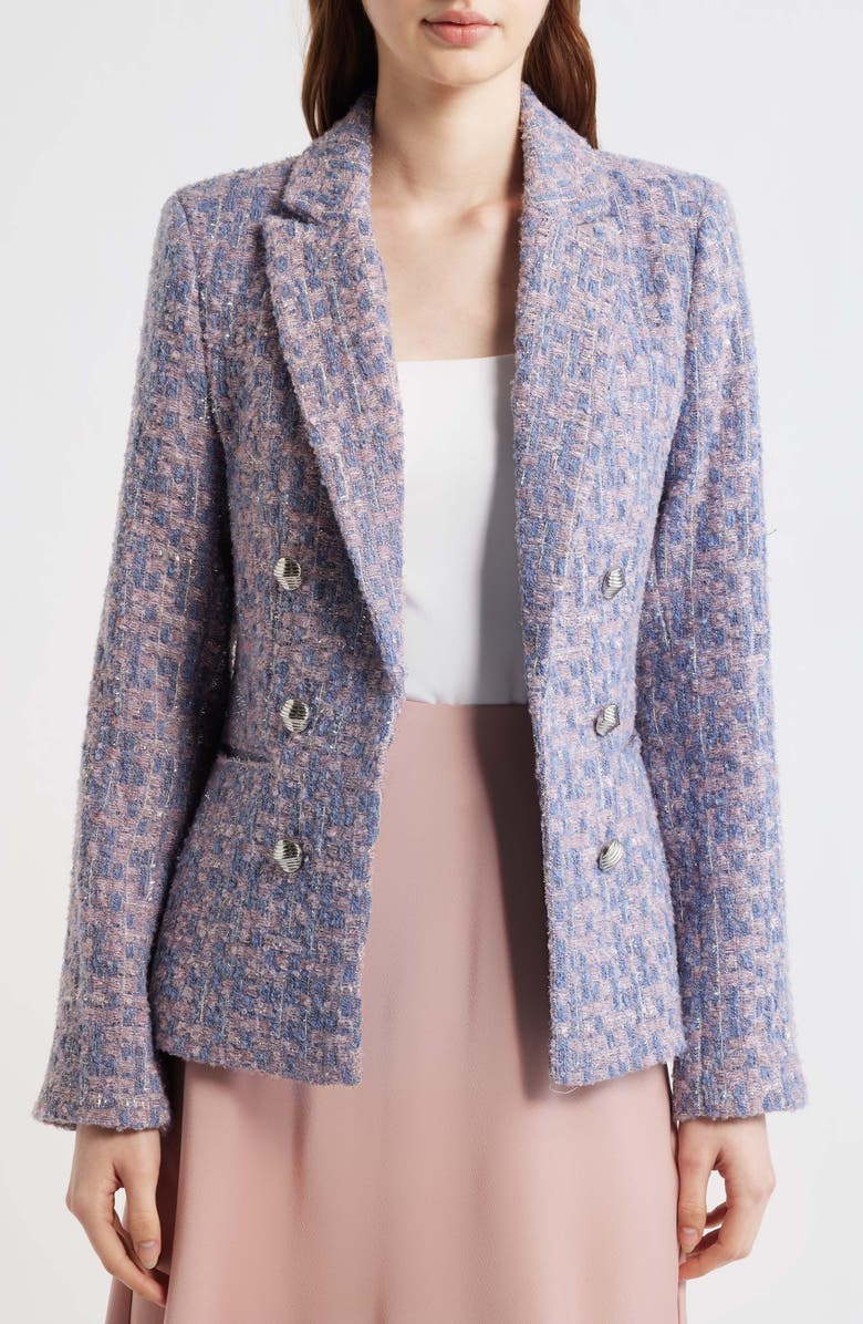 Tahari ASL Metallic Faux Double Breasted Tweed Jacket, Alternate, color, Blue Rose Silver