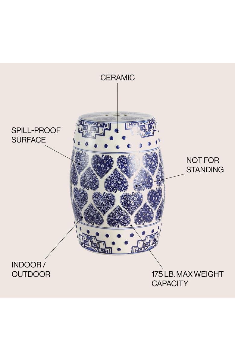 JONATHAN Y Happy Hearts 17.8" Chinoiserie Ceramic Drum Garden Stool, Alternate, color, Blue/White