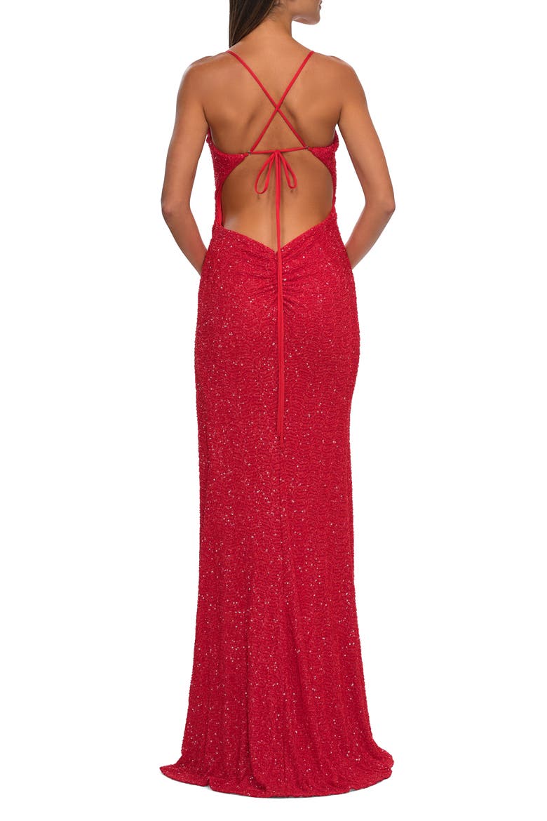 Cowl Neck Stretch Sequin Dress with Slit, Alternate, color, Hot Coral